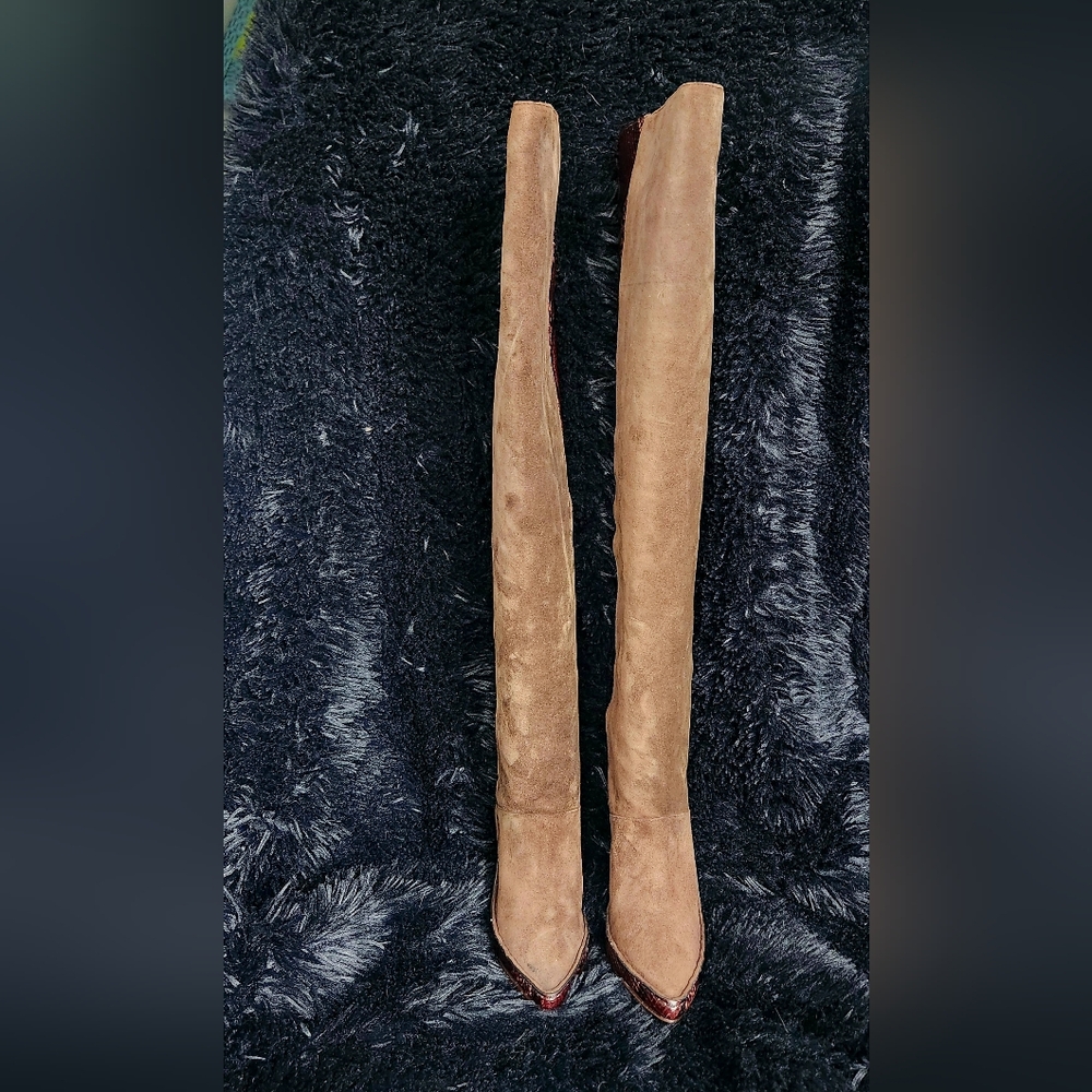 Tory Burch Lila OTK Coffee Brown Suede/Snakeskin Boots. NEVER WORN